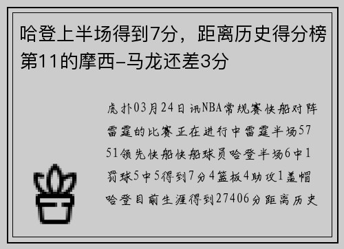 哈登上半场得到7分，距离历史得分榜第11的摩西-马龙还差3分