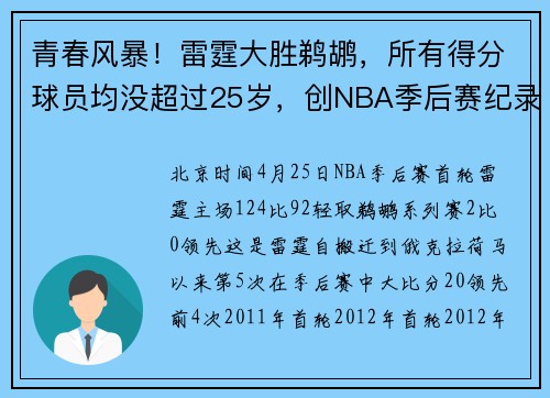 青春风暴!雷霆大胜鹈鹕,所有得分球员均没超过25岁,创NBA季后赛纪录